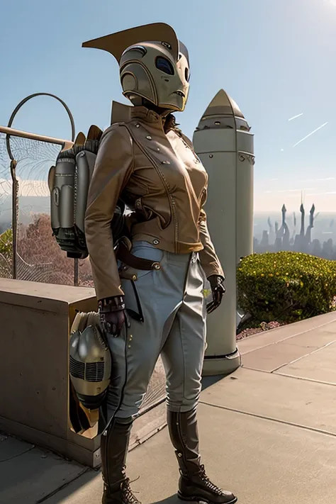 Female rocketeer, buxom, helmet, jetpack, standing outside the los angeles observatory.cyberpunk, science fiction, contrail, city , dynamic pose, cyberpunk style, city, 8k, masterpiece, highly detailed, dynamic lighting, neon signs, high contrast, 
