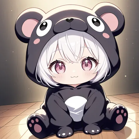 Ultra high quality, 8K, 16K, very high quality, very cute little character, girl in black bear costume, detailed face, detailed eyes, big eyes, pink eyes, silvery white hair, simple background wide angle full body shot, sharp detail, The figure sitting on ...