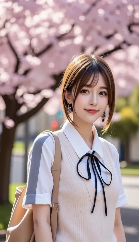 12K、hdr、 bit depth 10bit with old clothes、model standing beside S is under a cherry blossom tree、enjoying cherry blossom viewing in Japan、random hairstyles、 random posing with lots of space、 Random Outfits 、 with a smile、Cherry blossom petals are flying:1....