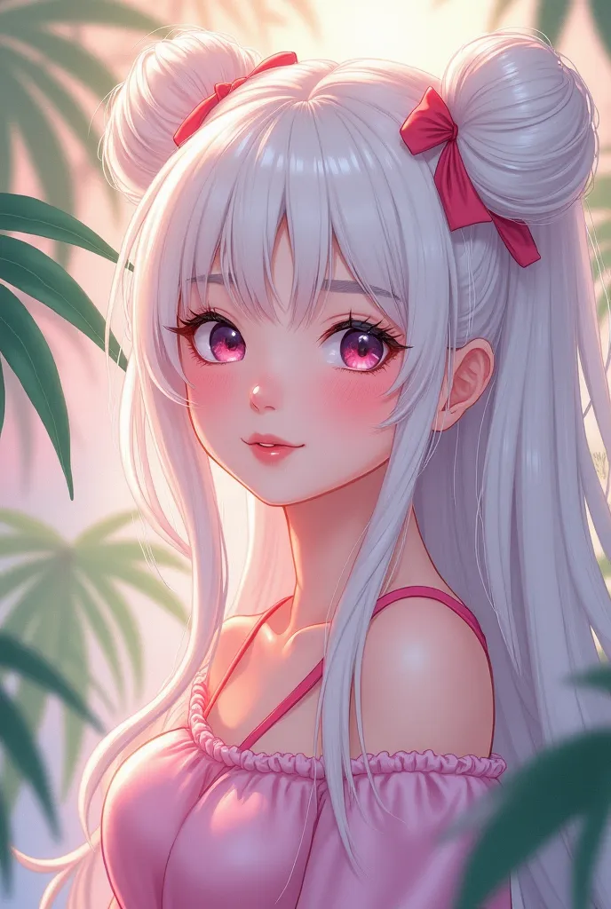 A vibrant, pastel anime-style portrait of a young Korean woman with long, voluminous White hair in twin buns.  expression of innocence, surrounded by palm. Bright, colorful, , ultra-detailed, soft lighting, dreamy atmosphere
