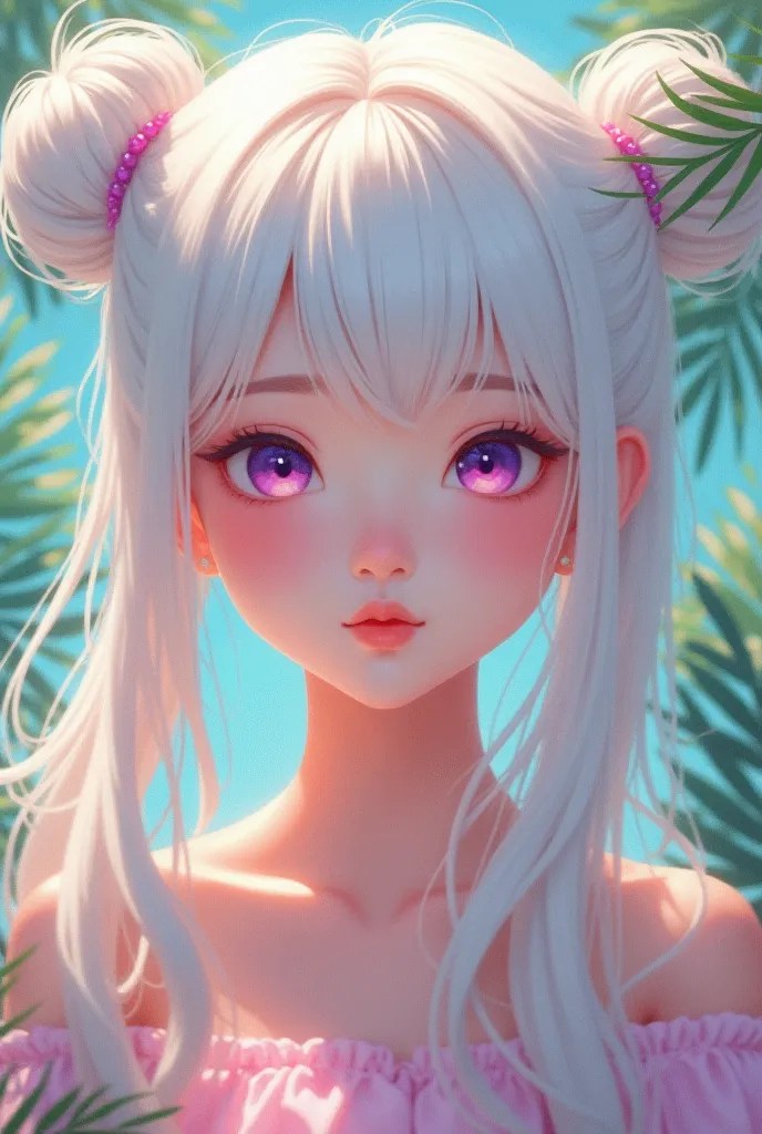 A vibrant, pastel anime-style portrait of a young Korean woman with long, voluminous White hair in twin buns.  expression of innocence, surrounded by palm. Bright, colorful, , ultra-detailed, soft lighting, dreamy atmosphere
