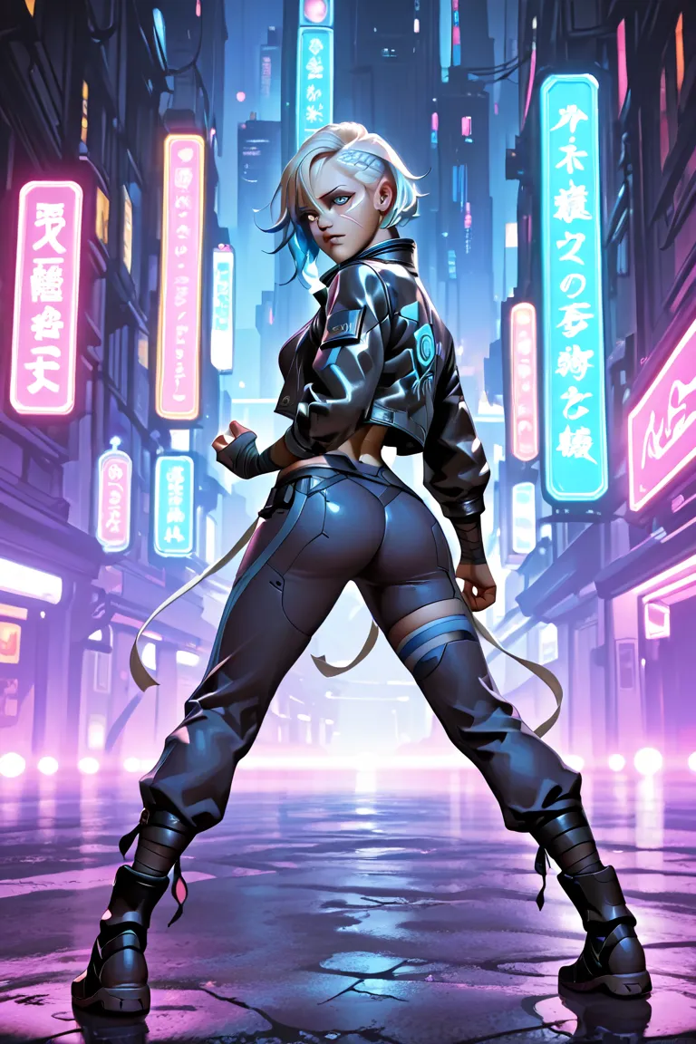 A stunning cyberpunk female fighter with an athletic yet feminine and muscular build. She has a partially shaved head with flowing blue neon highlights and intricate tribal tattoos on her back. Her eyes glow with intensity, exuding confidence and power. Sh...