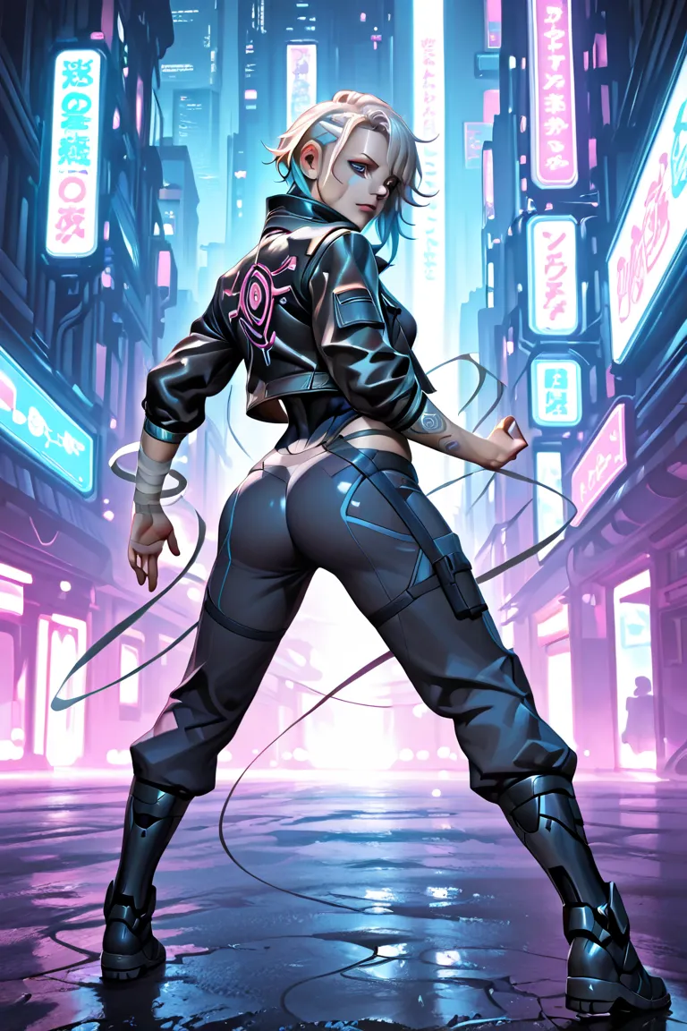 A stunning cyberpunk female fighter with an athletic yet feminine and muscular build. She has a partially shaved head with flowing blue neon highlights and intricate tribal tattoos on her back. Her eyes glow with intensity, exuding confidence and power. Sh...