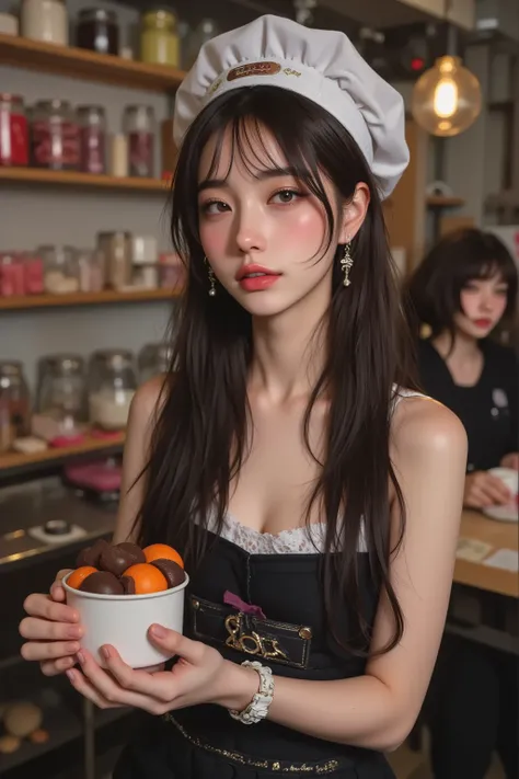 Ultra High Resolution, ((ADULT WOMAN HANDING YOU VALENTINE'S DAY CHOCOLATE ), Alone, COOL BOYISH FEMALE , Rock punk style appearance, cute and lean beauty, ( BREAK She Likes Faded Orange Chocolates , Aiming to Be a Pastry Chef , \Maiden Heart in Love \)), ...