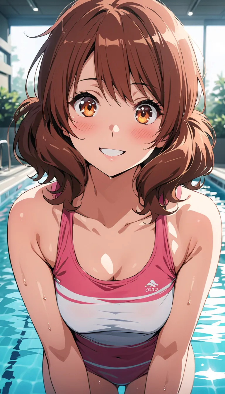 ( beautiful girl : 1.3),1 girl,(Oumae Kumiko),( Aquatics, pubic hair),smile, is embarrassing,blush, get wet,Indoor swimming pool, taken from below,masterpiece, best quality, super high resolution, rich contrast , high definition,8k, High Definition CG Unit...