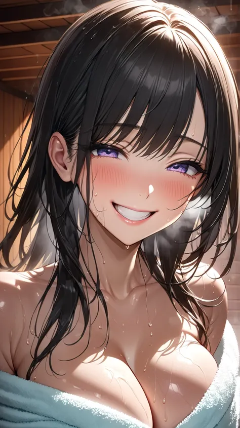  female 1 person, black hair, Age 25, (((shiny bath towel)))), (((( Smile  ))),((  straight hair  )),((( portrait with hair))), (sweat soaked)( sexy)(((( Medium sized chest)))) 

( masterpiece:1.2), 非常に Detailsな,  top quality, ( complicated_ Details:1. 1),...