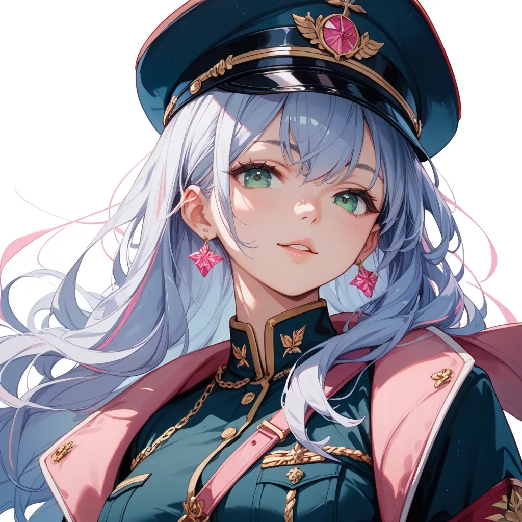  one adult woman、Long straight hair with pink lines on purple、blue-green eyes on black、Moles around both eyes、Cool beauty、Chest、Wearing military uniform、 white solid background for background