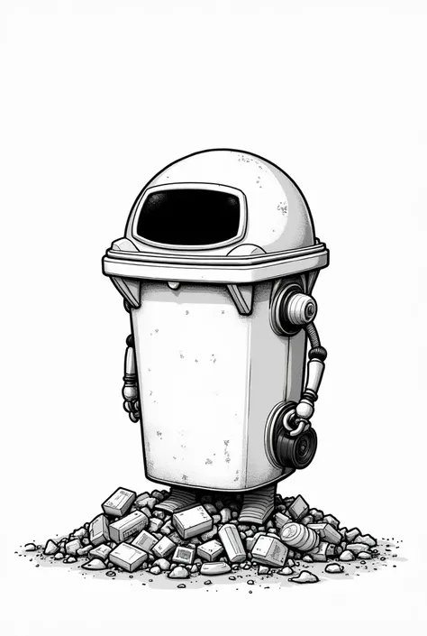 illustration of a robot, with the body of a plastic dustbin. the robot is humanoid, with a large opening to represent the mouth. the robot is standing on a pile of rubbish. line art illustration with lots of detail