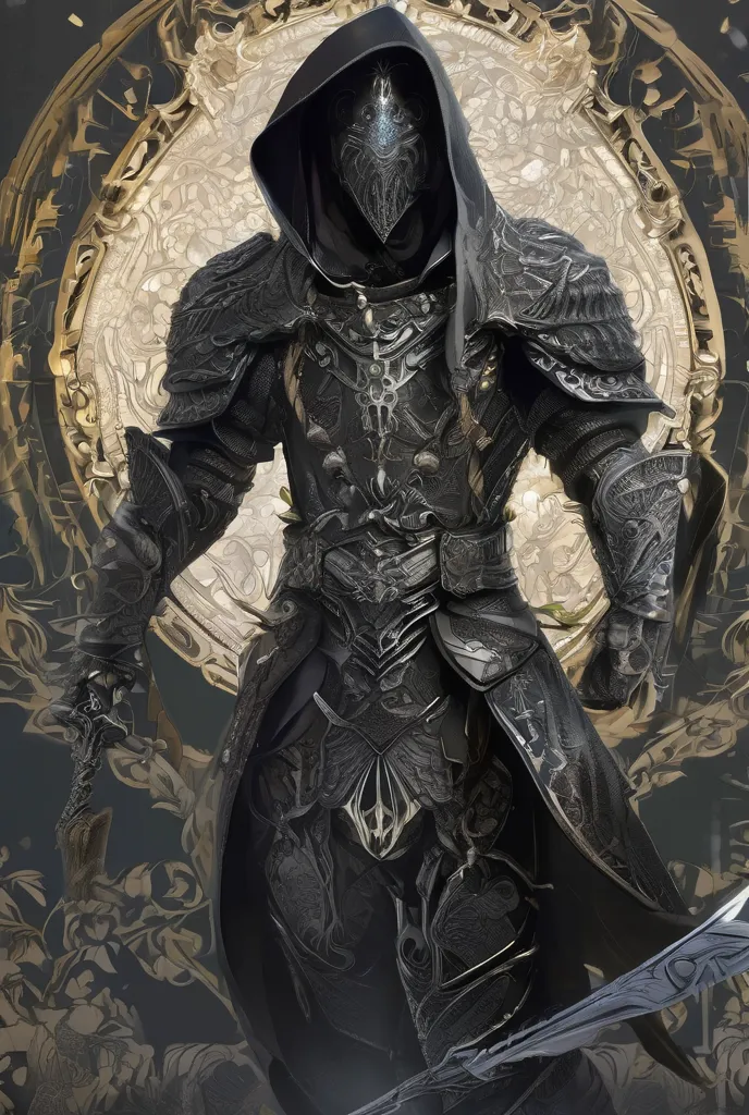  dark fantasy illustration, high detail fantasy anime, A mysterious, hooded figure. The figure is clad in intricately detailed black armor, adorned with ornate patterns and textures that suggest a gothic or medieval style. The hood obscures the face, casti...