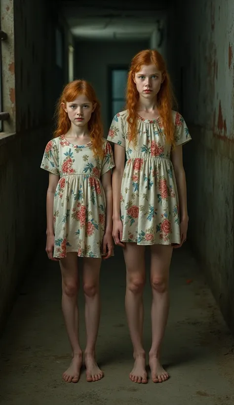 two barefoot   european obedient girls, Mother and daughter,   european,    fair skin ,   freckles, redheads, anorexic   , short dress with floral print,  in the dungeon , 