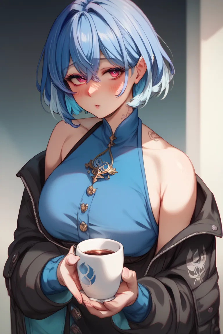  Big-breasted girl,  blue hair,  multicolored hair,  detailed eyes,  neutral expression , blue blouse, black coat, Bare shoulders, bluish hand holding a cup, reddish eyes,  neck tattoo,  Looking at the viewer 