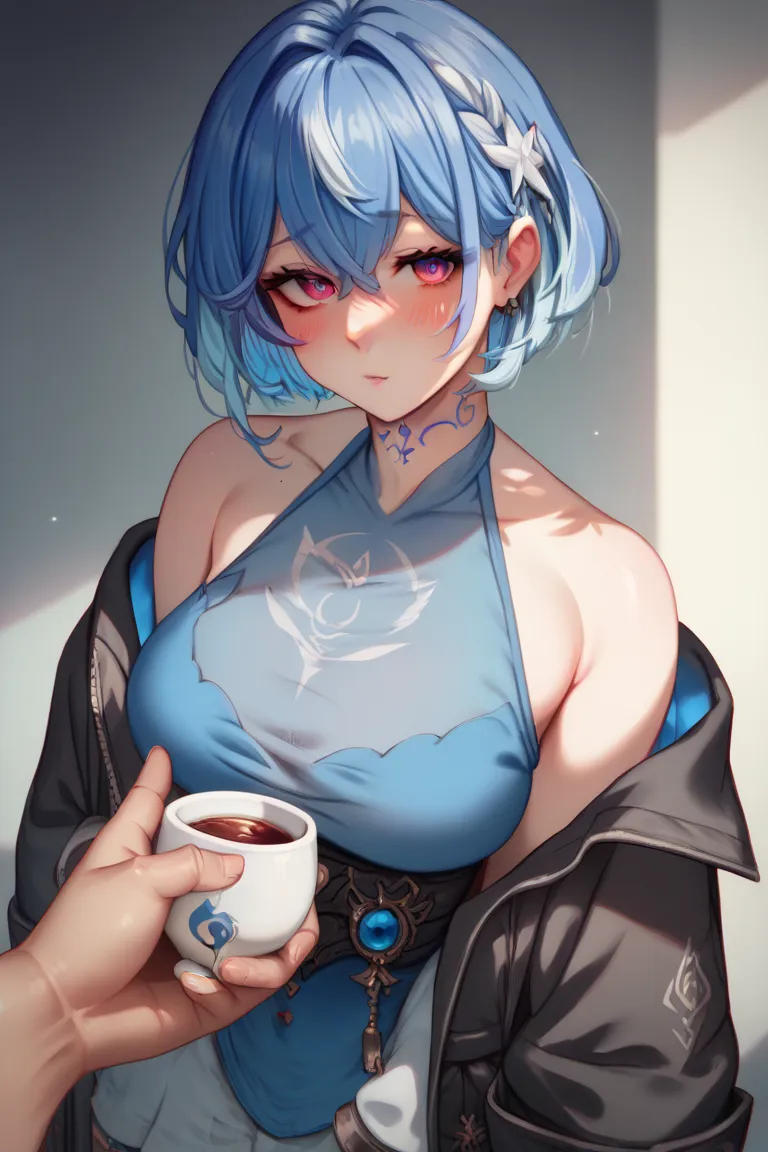  Big-breasted girl,  blue hair,  multicolored hair,  detailed eyes,  neutral expression , blue blouse, black coat, Bare shoulders, bluish hand holding a cup, reddish eyes,  neck tattoo,  Looking at the viewer 