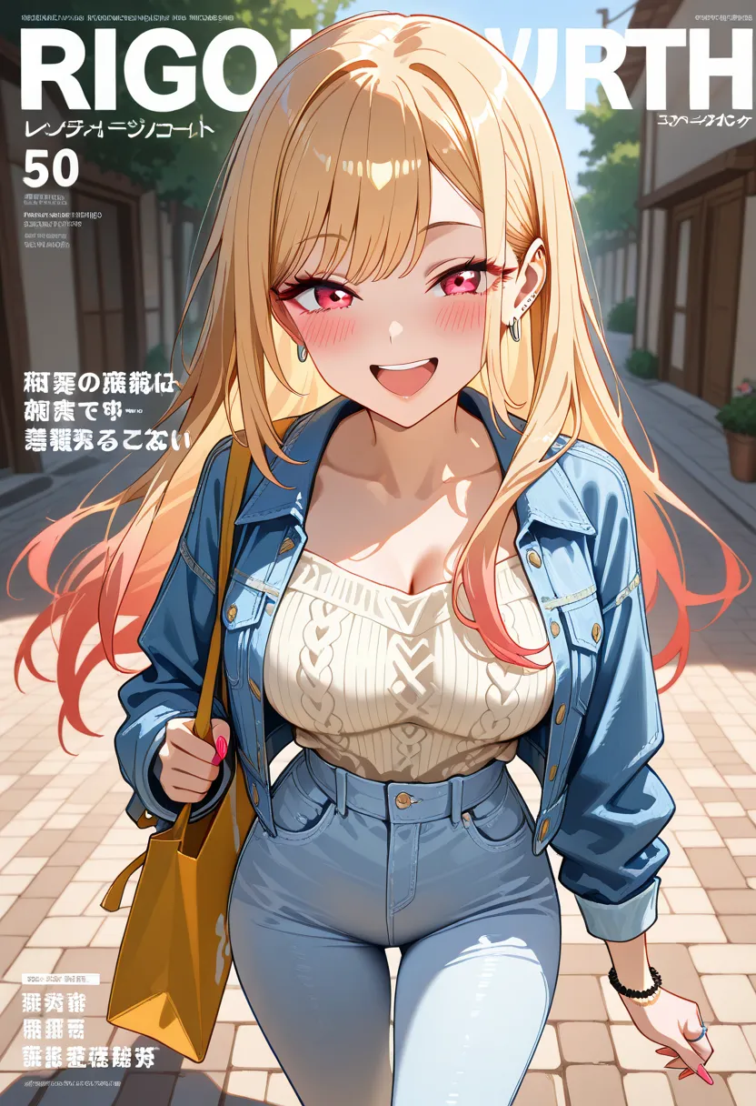 Marin Kitagawa, long hair tied in a loose ponytail, blonde hair, light pink ombre hair, red eyes, casual spring outfit, light denim jacket, soft knit top, high-waisted linen pants, canvas tote bag slung over one shoulder, pedaling casually through the park...