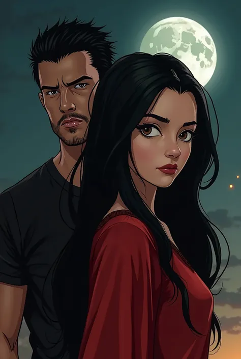 An Arab girl with eyes and a honey watch wearing a blackish red dress with sharp features of long black hair. Her look is 100 realistic% Behind her is the moon and the night. On the left side is a man with very sharp and nervous features, thick black hair,...