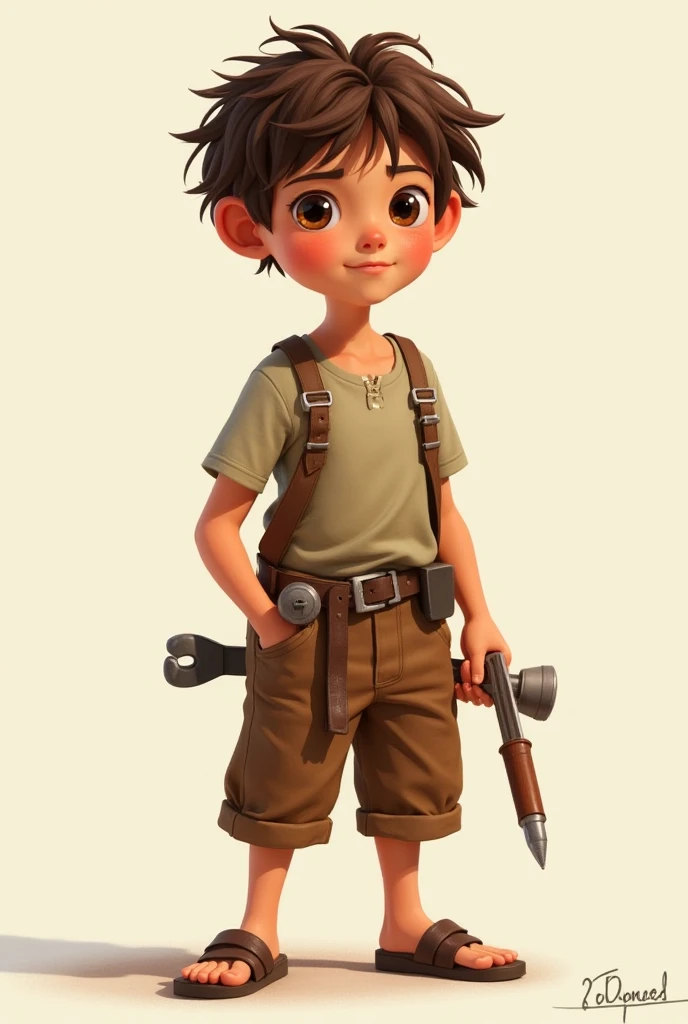  boy  ( protagonist ) - "Lucas"

• Age: 12-s

• Personality: , intelligent, curious, with the ambition to be an inventor.

• Appearance:

► Messy brown hair wearing a short-sleeved shirt or worker shirt

► Brown shorts or bibs

► Old leather shoes or walki...