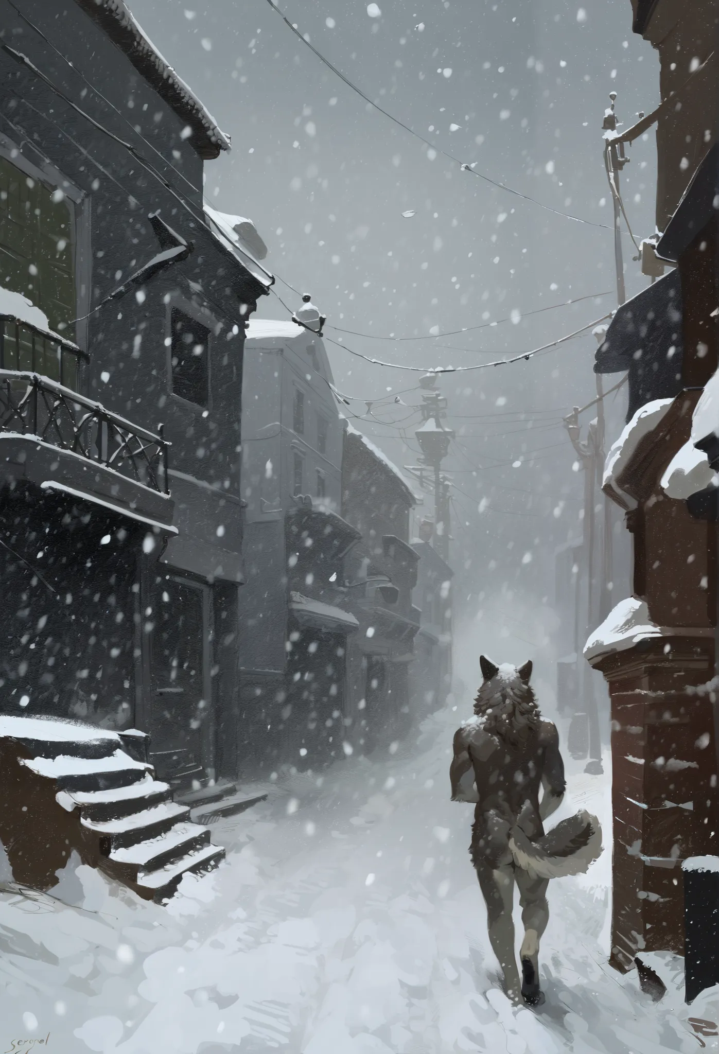 solo, male, anthro, (Husky), by seyorrol, digital artwork, ((detailed background)), intricate detailed blizzard background, heavy blizzard, mysterious shadows, realistic shading, (epic, masterpiece, high quality, 8k, ultra HD, absurd res, top quality, best...