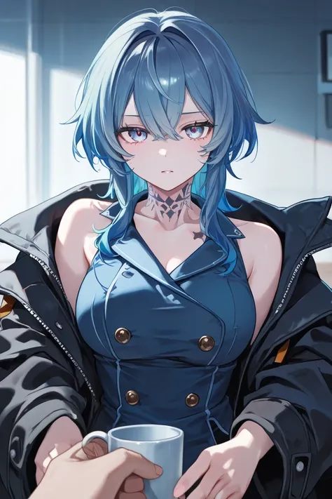  Big-breasted girl,  blue hair,  multicolored hair,  detailed eyes,  neutral expression , blue blouse, black coat, Bare shoulders, bluish hand holding a cup, reddish eyes,  neck tattoo, looking at the viewer 