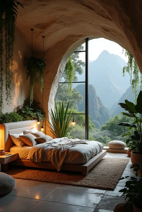 Imagine a modern bedroom, The walls are decorated with modern works of art. The walls are made of smooth, natural rock, Some plants hang down from the ceiling.  large window,  that reach up to the ceiling , while plants in pots are placed in strategic loca...