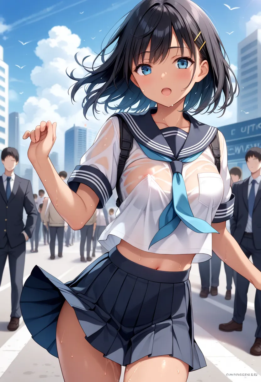 masterpiece, best quality, delicate illustration,ultra detailed skin,  Black Hair, 
(1girl:1.2), (tan:1.0), (see-through) ((summer) school uniform:1.0), (micro mini skirt:1.3), (it is see-through Navy skirt:1.2), (ass:0.3), (no panties:1.1), (love juice:1....