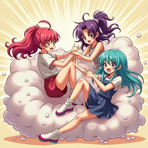 An anime-style illustration depicting gals playfully wrestling with each other inside a comical fight cloud.
each gal has different colored hair.
their faces,hands,and feet are visible emerging from the cloud as they tussle humorously,  with the rest of th...