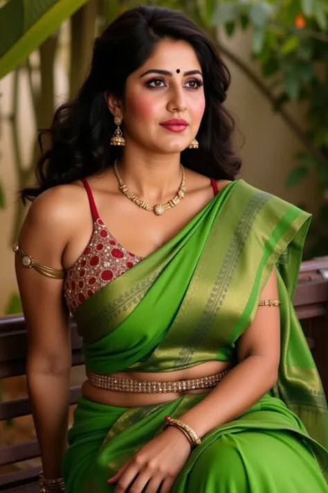 A beautiful sexyIndian bhabhi, 1woman, Bhabhi with big huge enormous gigantic humgous enormous breast,Bindi on forehead, wearing nose ring, wearing arm bands,Voluptuous body, sweaty oily skin,Sexy expression on face,green saree, tight Sleevless blouse, ((h...