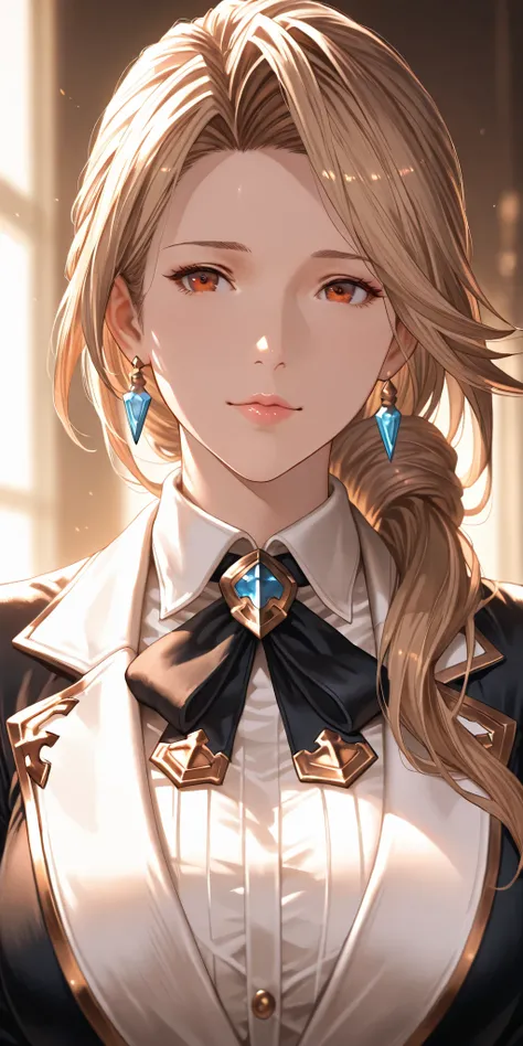 Masterpiece, very aesthetic, vibrant, high contrast, elegant mature female, katalina (granblue fantasy), elegant hairstyle, upper body, formal uniform, soft light, best quality, semrealistic, granblue fantasy cg style