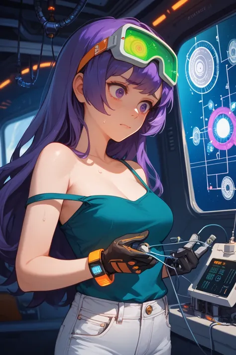 Solo, upper body, inside space ship, dizzy eyes, sweat, strap slip, wires, piloting controls, switches, control switches, flashing lights, gloves, nervous young woman with purple eyes, purple hair, long hair, swept, bangs, standing at attention, thin, gree...