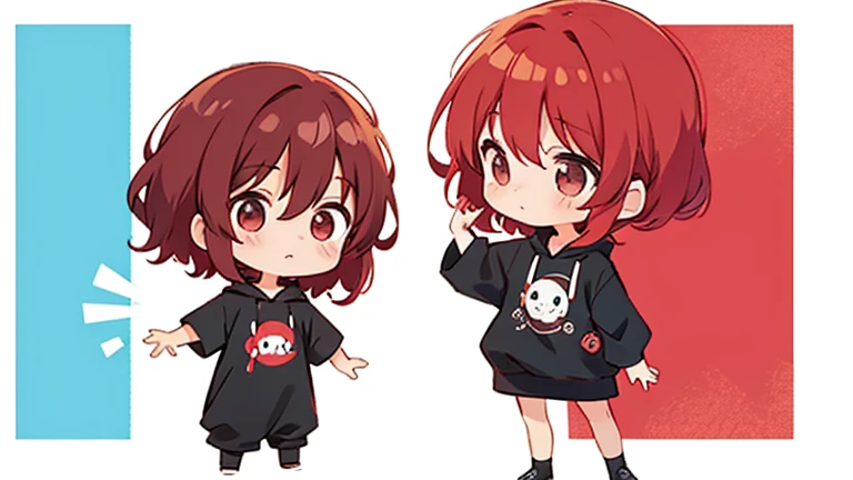 cute design,  the most beautiful girl I've ever seen、 chibi,デフォルメcute design, ,Long hair that goes up to the waist,Red wine red hair so red strawsﾄA black short-sleeved jacket with hair up to the waist, a girl in brown and black horizontal T-shirts, and a ...