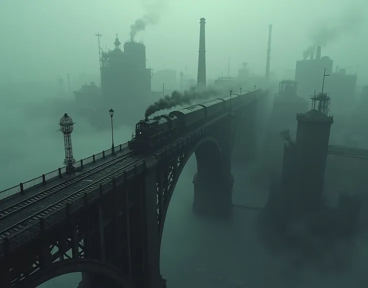 high angle view of a train passing on a bridge above the Gothic city, dilapidated buildings overhang the bridge, wide shot, smoke, old factories, noxious atmosphere