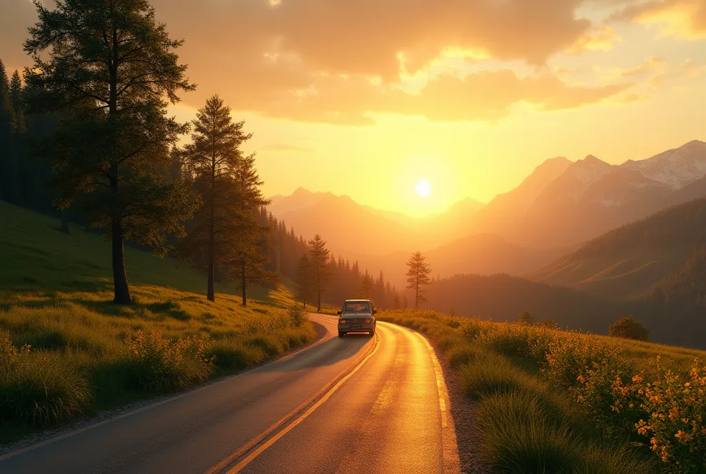 a serene countryside road at sunset, 1 car driving on the road, lush green fields and trees along the road, warm golden sunlight filtering through the clouds, detailed landscape with mountains in the distance, photorealistic, dramatic lighting, cinematic c...