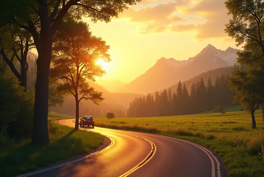 a serene countryside road at sunset, 1 car driving on the road, lush green fields and trees along the road, warm golden sunlight filtering through the clouds, detailed landscape with mountains in the distance, photorealistic, dramatic lighting, cinematic c...