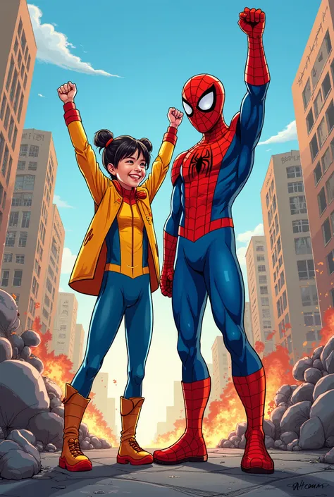 Create a comic picture of an oriental little  as a superhero standing next to spiderman in a battle scene happy as they’ve won the battle field 