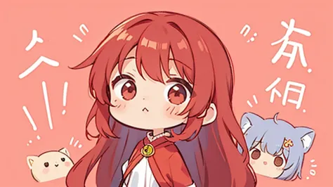 cute design,  the most beautiful girl I've ever seen、 chibi,デフォルメcute design, ,Long hair that goes up to the waist,Red wine red hair so red strawsﾄの腰までの chibiキャラ　１Man is a boy of　The background is a cute pastel color