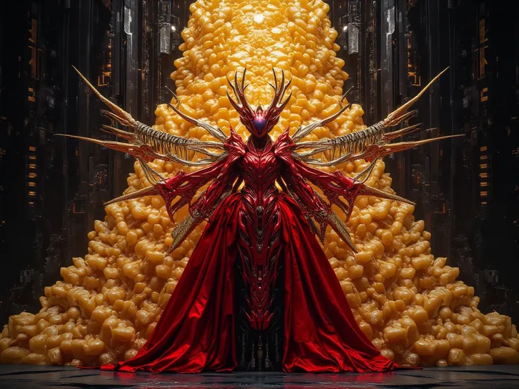 Mrs. Phayapung, Giant honeycomb, Red Bee, รังRed Beeขนาดใหญ่เท่าภูเขา, black background,  Masterpiece, cinematic, realistic,  Clear Detail, in 8K resolution.