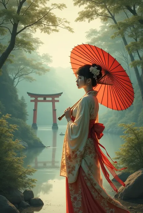    Forest in the background、torii、   beautiful girl、Ancient Japanese costumes 、 Red Umbrella