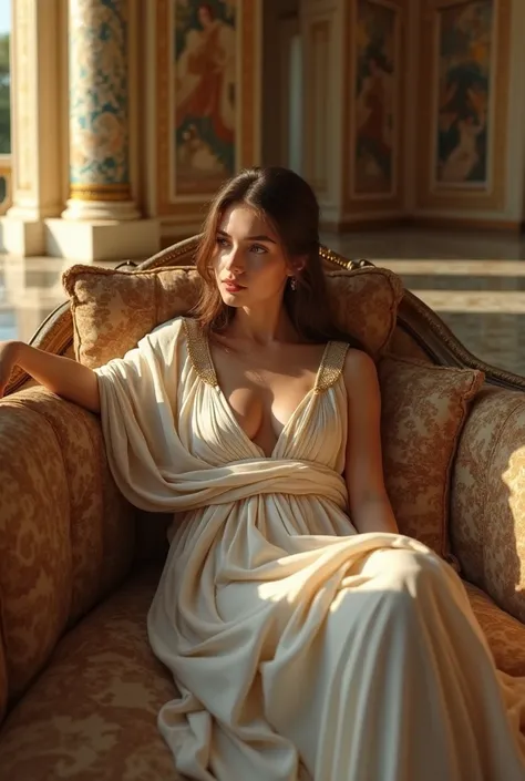         cute woman sitting alone                       、                               Ancient Greek Costume            、             、Inside the palace、 Lie down on a luxurious sofa                