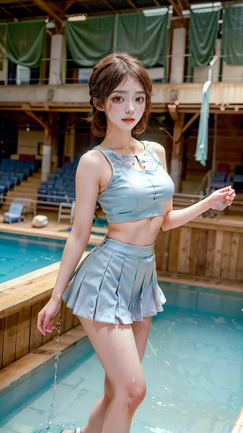 A beautiful young Japanese woman, 20 years old, with perfect anatomy, healthy thighs, beautiful feet, flawless skin, random hair color and style, large bust, (she is standing:1.2), wearing a cheerleader uniform with micro-pleated miniskirt, in a full body ...