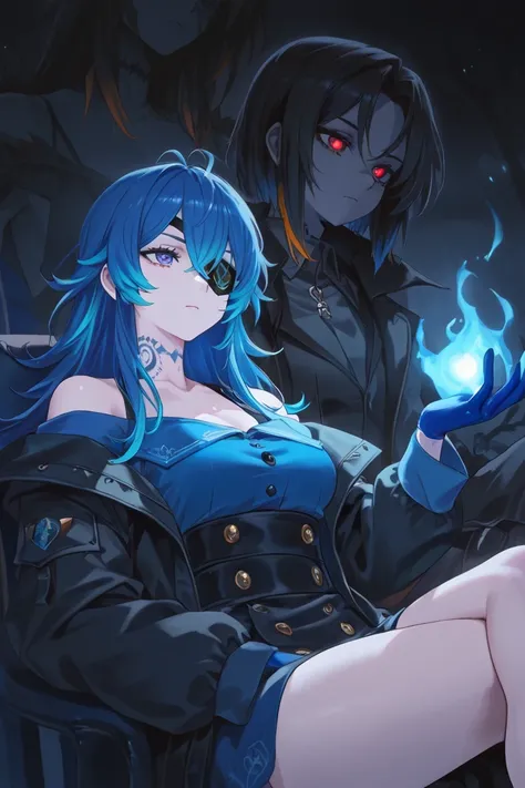  Big-breasted girl,  short hair,  blue hair,  multicolored hair,  detailed eyes, Black eye patch , Thorne, blue blouse, black coat, Bare shoulders, blue hand, reddish eyes,  neck tattoo, sitting,  crossed legs