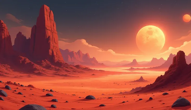 Mars - Red Planet

"Cartoon style (Pixar style), bright saturated colors. The surface of Mars is red-orange, covered with sands, craters and canyons. Tall mountains, dust storms, thin bluish atmosphere. Ice hats at the poles are visible. In the sky-a small...