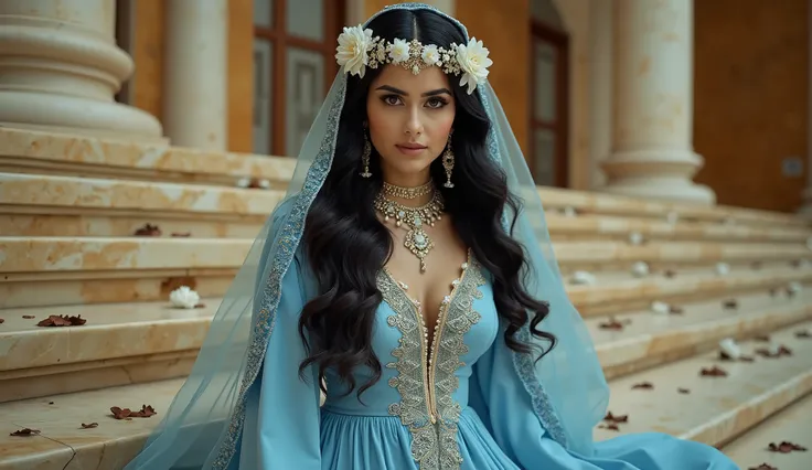 P:Full length photo low angle Beautiful Persia women 25 years With Long wavy black hair with flowers, necklace, earrings, bracelets and anklets a With beautiful Wearing a traditional Blue dress persian style,, a thin veil on her face and a blue headscarf a...