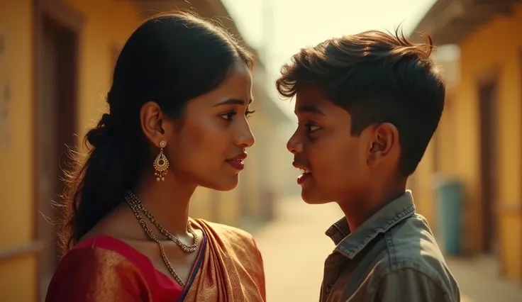 "A captivating and emotional thumbnail depicting an Indian married woman in her early 30s, wearing a traditional saree with subtle jewelry, showing a mix of concern and curiosity on her face. Beside her, a age Indian boy around 18 years old, with a shy yet...