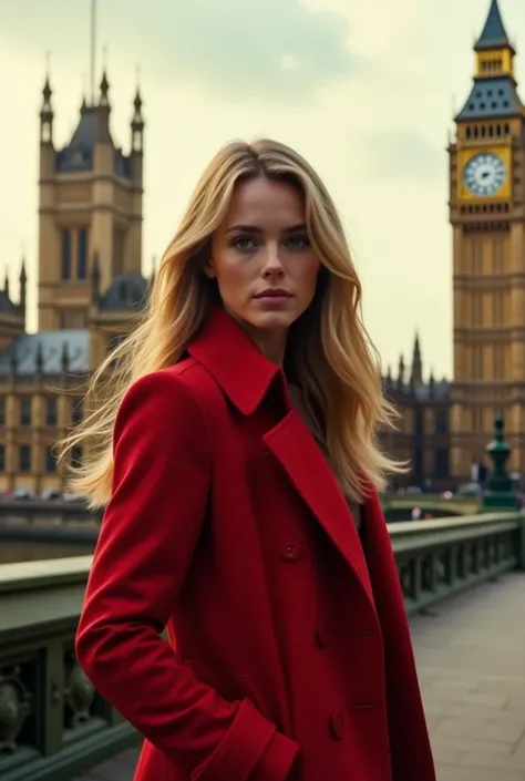 A blonde girl faces the camera in a red trench coat and looks at Big Ben