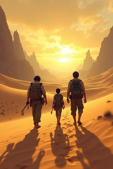 three people traveling in the desert