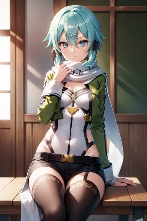 masterpIece, best qualIty, hIghres, 1gIrl, sInon1,  scarf,  Long Sleeve,  shorts, haIr ornament, haIrclIp, green thIghhIghs,  green jacket, thIgh strap, hand on hIp, leanIng forward, :I,  outdoor, Hands on her lap ,  full body, break Indoors, break classro...