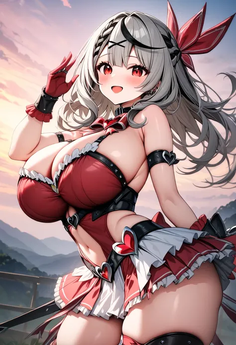 ( best quality , 8k , masterpiece , incredibly absurdres , perfect body , super detailed skin , highly detailed eyes and face , 1 woman ) ,  Sakamata Chloe , Silver Hair , red eyes , smile ,  will be happy , ( magical girl outfit , twilight : 1.2 ) , ( hug...