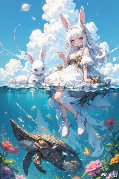 Rabbit girl sitting in a boat on the water,  INNOCENT EXPRESSION,A little rabbit next to a girl,Long white hair and hairy rabbit ears, Rabbit ears are inspired by the curled tips of leaves,Softly drawn fur, A cute dress with lots of frills and lace,The col...