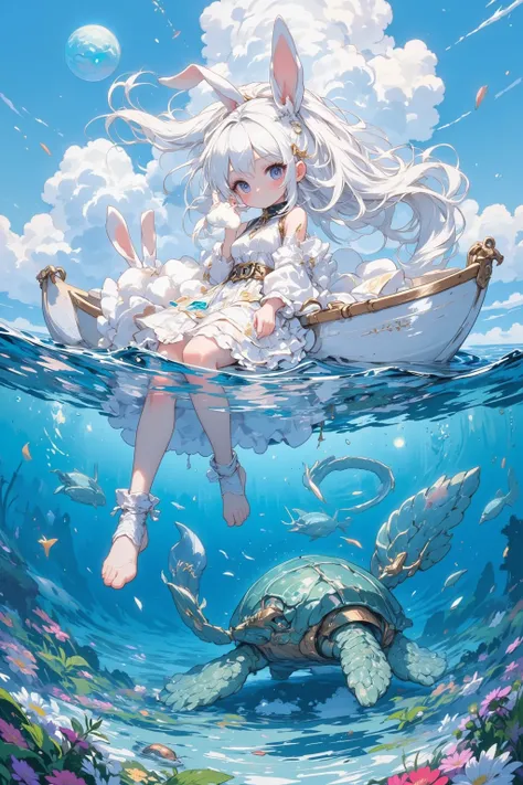 Rabbit girl sitting in a boat on the water,  INNOCENT EXPRESSION,A little rabbit next to a girl,Long white hair and hairy rabbit ears, Rabbit ears are inspired by the curled tips of leaves,Softly drawn fur, A cute dress with lots of frills and lace,The col...