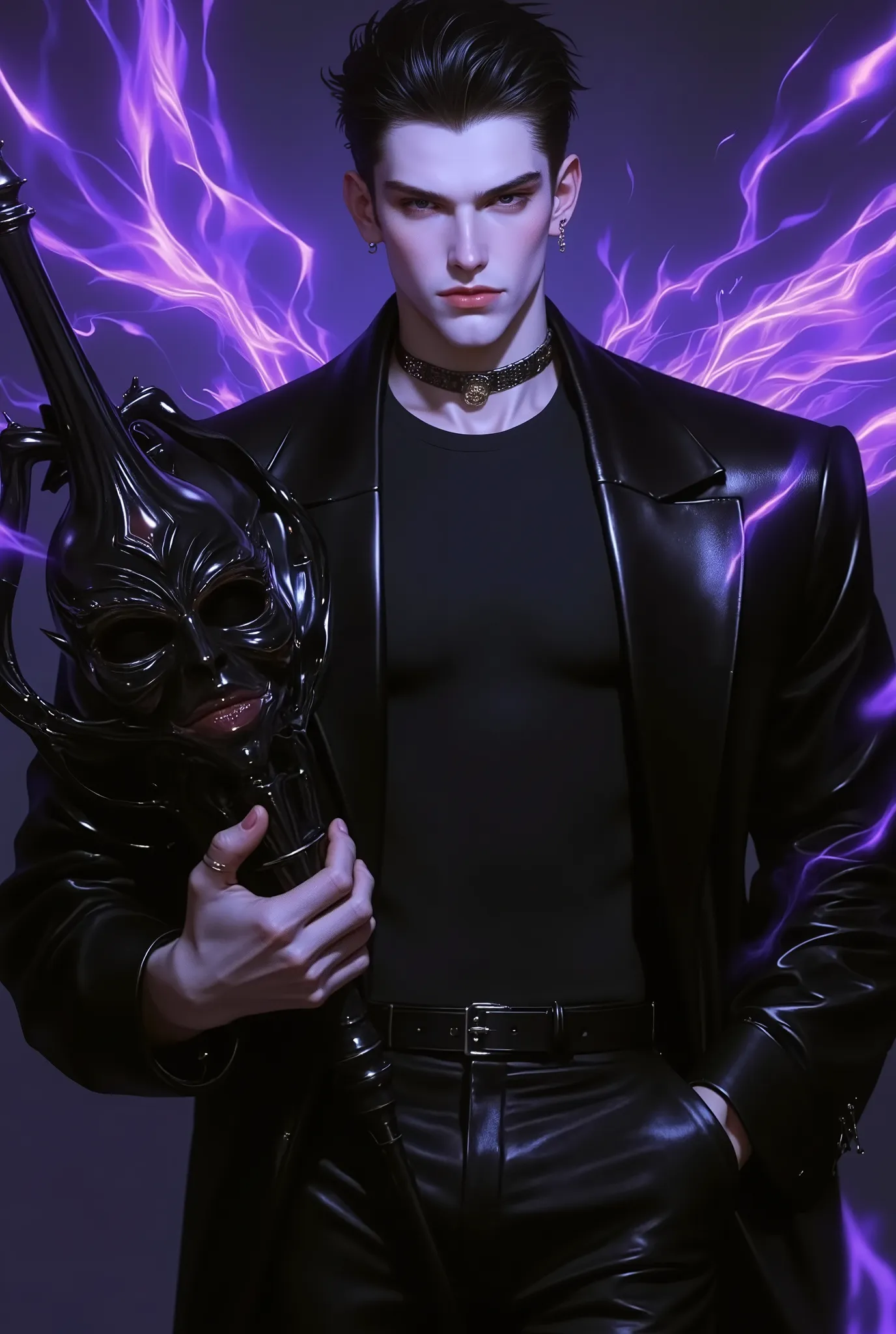 (masterpiece), best quality, seductive eyes, mature face, black eyes, short slicked back black haircut, plain black t shirt, black leather jacket, black pants, tall man, long legs, masculine, broad shoulders, adult-like, full body, bad boy, he's holding a ...