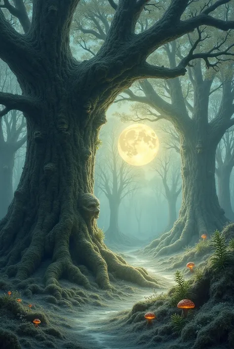 A mythical forest bathed in soft moonlight, with towering ancient oaks whose gnarled branches stretch like wise old hands toward the heavens. The trees have faces subtly carved into their bark, giving them an ancient, sentient appearance. The forest floor ...