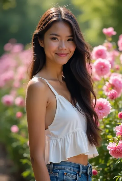 A graceful young woman with long dark hair stands in a garden with blooming pink flowers. She is wearing a white top and blue jeans. The lighting is soft and warm, casting a gentle glow on the scene. The flowers are in full bloom, and the woman's serene ex...